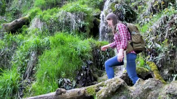 年轻女子背着背包爬上瀑布附近的岩石 视角低 — 图库视频影像