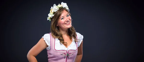 Beautiful Young Woman Traditional Bavarian Dirndl Smiling Camera Isolated Dark — Stock Photo, Image