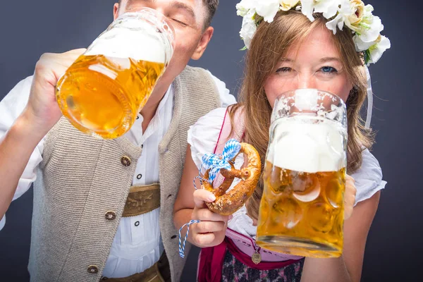 Happy Young Man Woman Drinking Beer Mugs Oktoberfest Concept — Stock Photo, Image