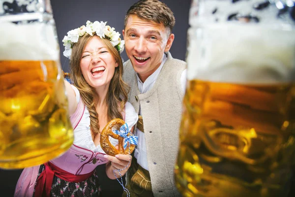 Excited Young Man Woman Holding Glasses Beer Pretzel Oktoberfest Concept — Stock Photo, Image