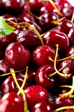 su damlaları ve yeşil yaprakları ile taze organik kiraz yakın çekim görünümü