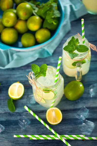 Limonade Lime Menthe Dans Des Bocaux Maçon Sur Une Table — Photo