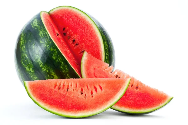 Nahaufnahme Der Frischen Reifen Wassermelone Scheiben Geschnitten Auf Weißem Hintergrund — Stockfoto