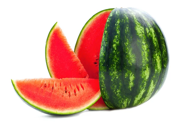 Nahaufnahme Der Frischen Reifen Wassermelone Scheiben Geschnitten Auf Weißem Hintergrund — Stockfoto