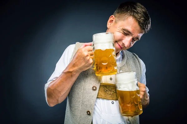 Cheerful Young Man Holding Beer Glasses Isolated Grey Background — Stock Photo, Image