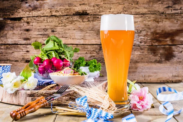Close View Glass Fresh Beer Wooden Table Oktoberfest Concept — Stock Photo, Image