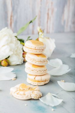 lezzetli fransız macaroons kurabiye ve çiçek yakın çekim görünümü