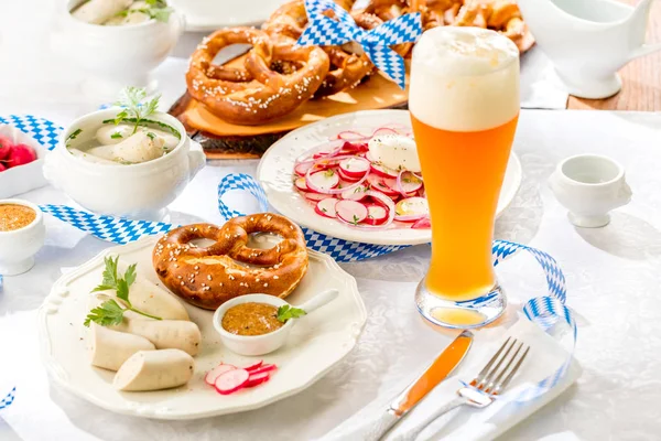 Close View Pretzels Sausages Snacks Glass Beer Table Oktoberfest Concept — Stock Photo, Image