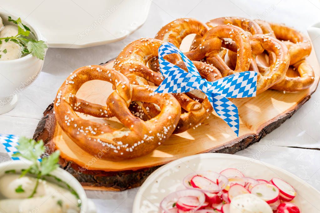 close-up view of traditional bavarian pretzels on on table 