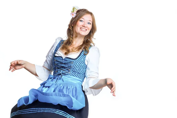 Aantrekkelijke Jonge Vrouw Traditionele Beierse Kostuum Dirndl Glimlachend Camera Geïsoleerd — Stockfoto