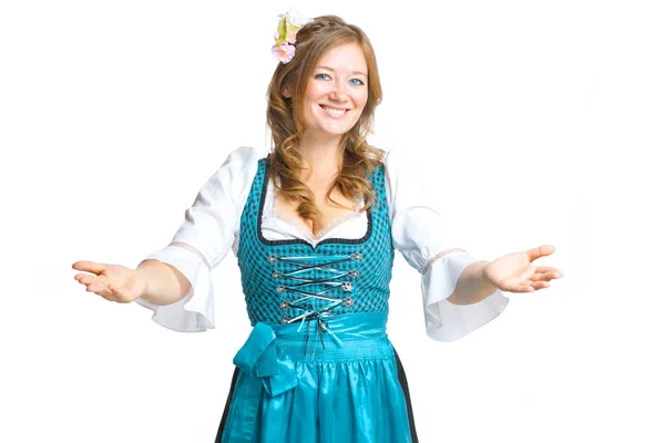Mooie Jonge Vrouw Traditionele Beierse Kostuum Dirndl Glimlachend Camera Geïsoleerd — Stockfoto