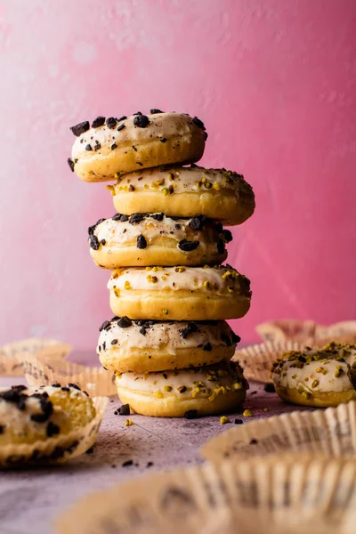 Stack Tasty Glazed Colorful Doughnuts Pink Background — Stock Photo, Image