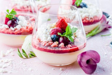 böğürtlen soslu panna cotta yakın çekim görünümü, ahududu ve gözlük taze nane