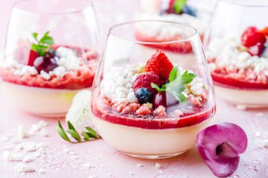 berry soslu panna cotta ile gözlük yakın çekim görünümü, ahududu ve taze nane