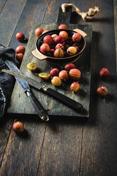 Fresh Gooseberries Dark Wooden Board — Stock Photo, Image