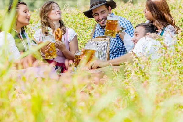 ビールのグラスを持ち 緑の草原に座って バイエルンの衣装で幸せな若い友人 — ストック写真