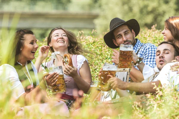 Cinco Amigos Trajes Bávaros Sosteniendo Vasos Cerveza Sentados Prado Verde — Foto de Stock