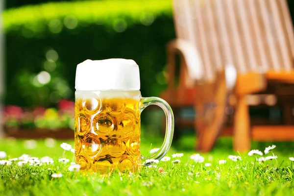 Ein Glas Frisches Kaltes Bier Auf Dem Grünen Rasen Einem — Stockfoto