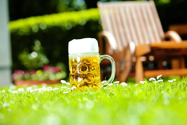 Nahaufnahme Eines Bierglases Auf Grünem Gras Sonnigen Tagen — Stockfoto