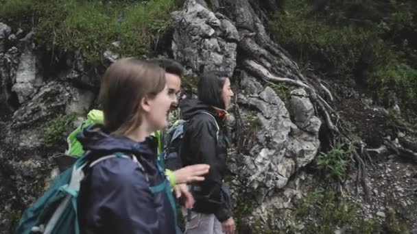 Sisli Bir Günde Güzel Dağlarda Yürüyüş Yapan Sırt Çantalı Genç — Stok video