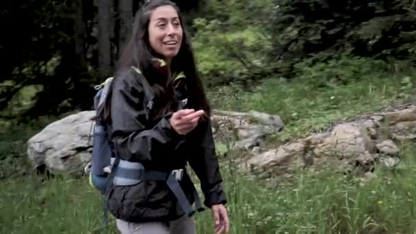 Jóvenes Amigos Con Mochilas Senderismo Hermosas Montañas Día Niebla — Vídeo de stock