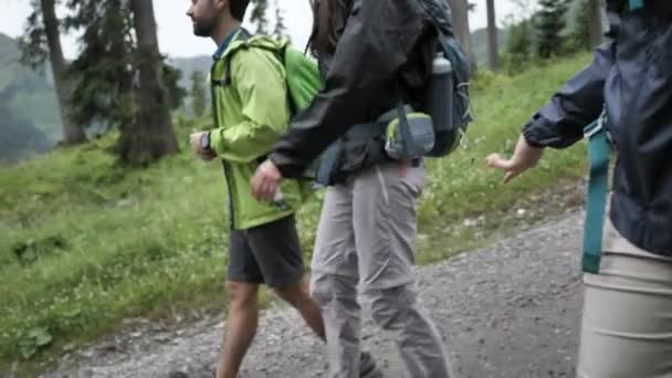 Jovens Amigos Com Mochilas Caminhadas Belas Montanhas Dia Nebuloso — Vídeo de Stock