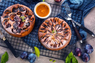 tüyleri ile lezzetli tatlı meyve pasta üst görünümü 