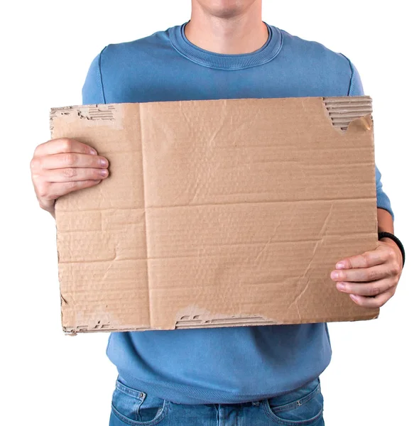 Tiro Recortado Homem Segurando Cartaz Papelão Branco — Fotografia de Stock