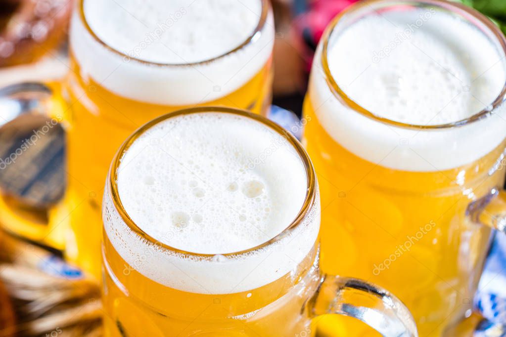 close-up view of Bavarian Beer in glasses, Oktoberfest concept