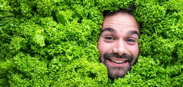 Man Salad Leaves Smiling Camera Concept Food Industry Face Laughing — Stock Photo, Image