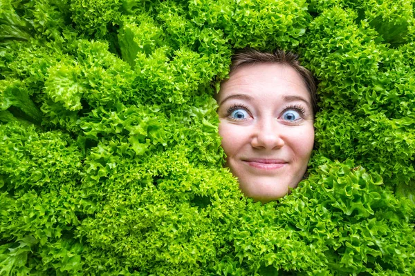 Woman with salad leaves, concept for food industry. Face of laughing woman in salad area.