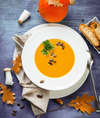 tohum ve kruton ile taze kabak çorbası üst görünümü