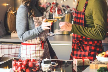 Bir çift Noel 'i mutfakta kutluyor ve şarap içiyor.