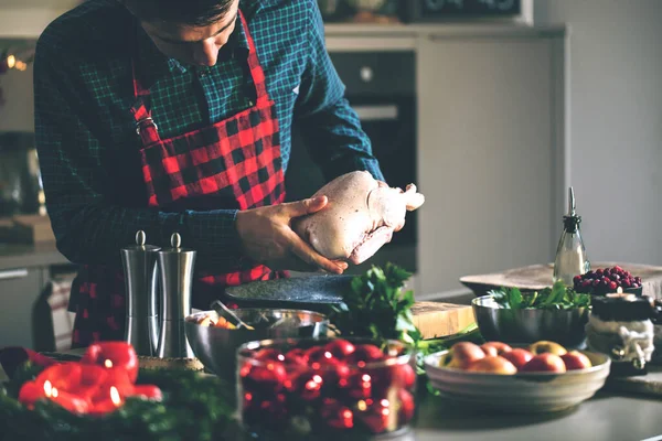 Young Man Preparing Delicious Healthy Food Home Kitchen Christmas — Stock Photo, Image