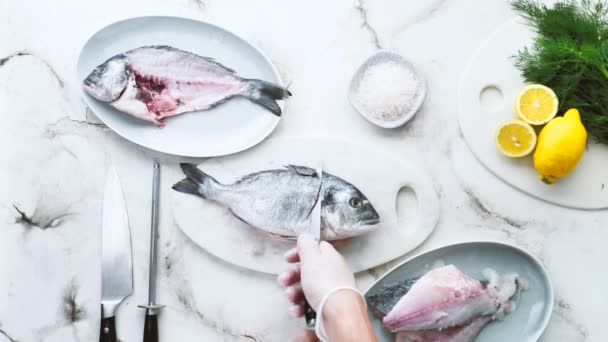 Bijgesneden Shot Van Chef Kok Dragen Handschoenen Koken Heerlijke Vis — Stockvideo