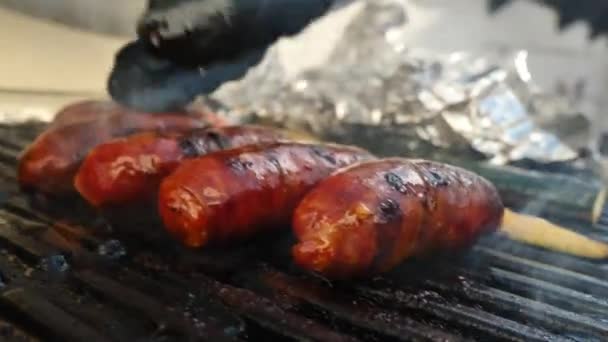 Detailní Pohled Chutné Klobásy Grilování Dřevěném Uhlí Grilu — Stock video