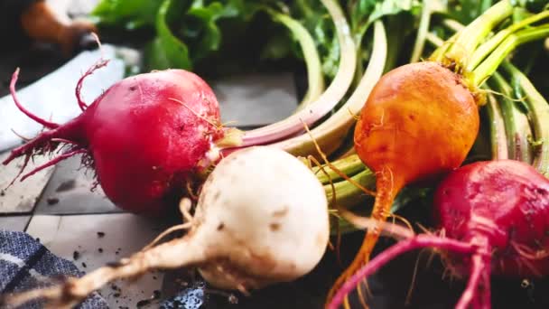 Close View Fresh Ripe Organic Beets Green Leaves Rustic Surface — Stock Video