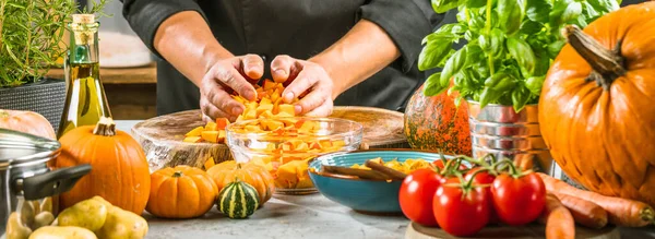 Partial View Chef Preparing Ingredients Pumpkin Soup — Stock Photo, Image