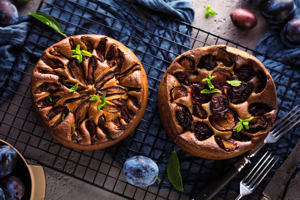 Vista Superior Deliciosas Tortas Frutas Doces Com Ameixas — Fotografia de Stock