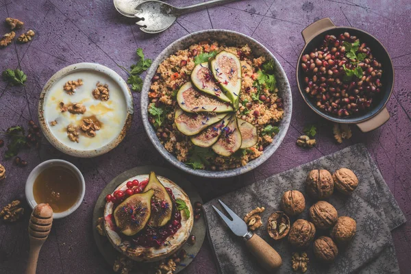 Vista Superior Del Plato Gourmet Con Frutas Frutos Secos Miel — Foto de Stock