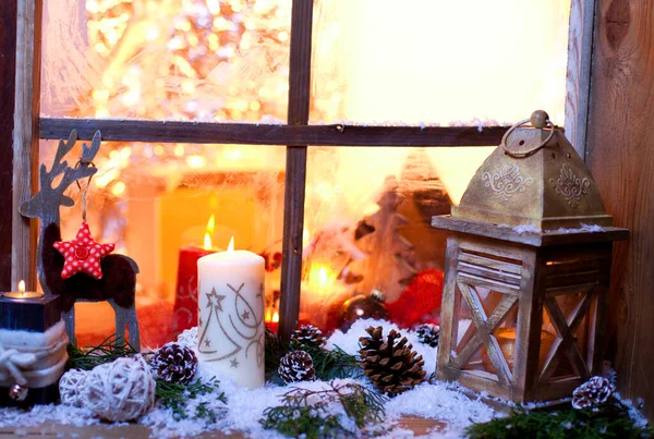 Kerststilleven Met Oud Houten Raam Feestachtergrond — Stockfoto