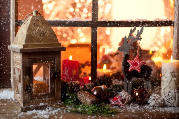 Bodegón Navidad Con Ventana Madera Vieja Fondo Celebración — Foto de Stock