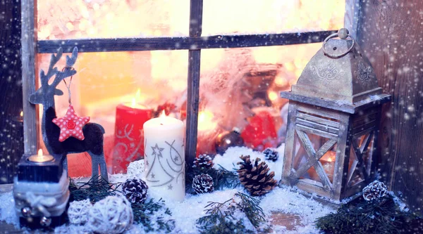 Natal Ainda Vida Com Velha Janela Madeira Contexto Celebração — Fotografia de Stock