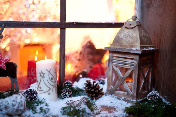 Різдвяний Натюрморт Старим Дерев Яним Вікном Тло Святкування — стокове фото