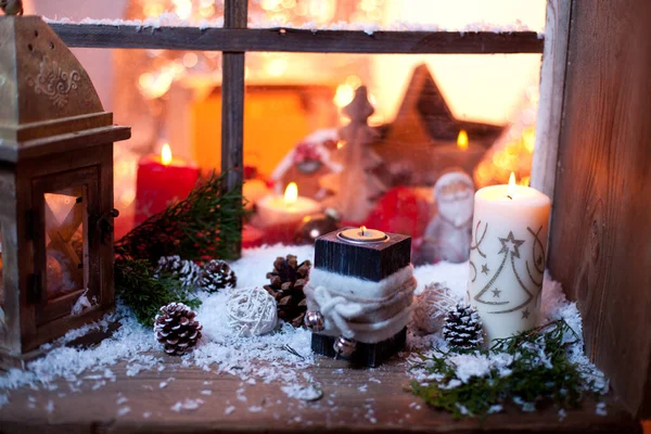 Χριστούγεννα Νεκρή Φύση Παλιό Ξύλινο Παράθυρο Φόντο Εορτασμού — Φωτογραφία Αρχείου