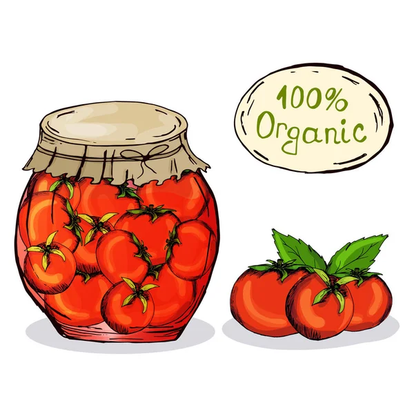 Pomodori. Sottaceti. Blanks per l'inverno. Disegno a mano. Stampa, adesivo. Biologico. Per il tuo design . — Vettoriale Stock