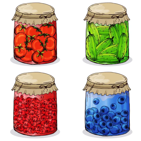 Dekoratif kavanoz reçel ile. Turşu. Kış için boşluklar. El çizimi. Tasarımlarınız için.