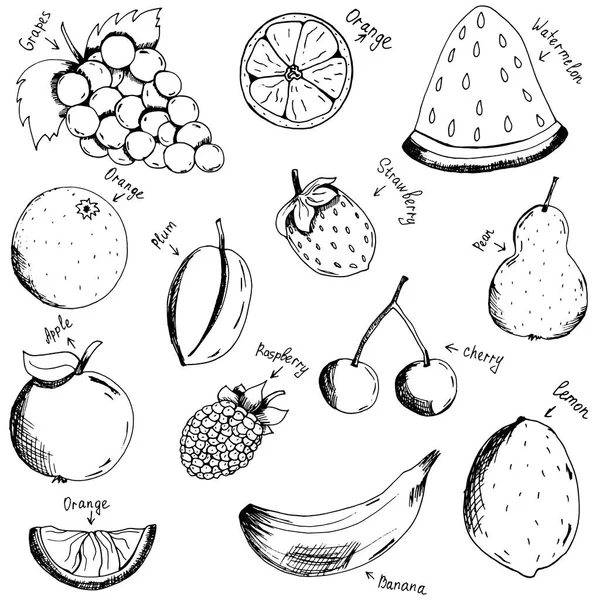 Frutas e bagas. A cultivar vitaminas. Refeições certas. Esboço. Desenho manual. Imprimir, para t-shirts. Para o seu design . —  Vetores de Stock