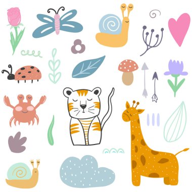 Ayarlayın. Sevimli hayvanlar ve bitkiler. İskandinav tarzı. Giysi ve kartpostallar, çocuklar için parmak izi. Tasarımlarınız için.