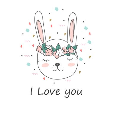 Şirin. Tavşan. Seviyorum. Kart baskı için. İtiraf. çocuk. İskandinav tarzı. Tasarımlarınız için.